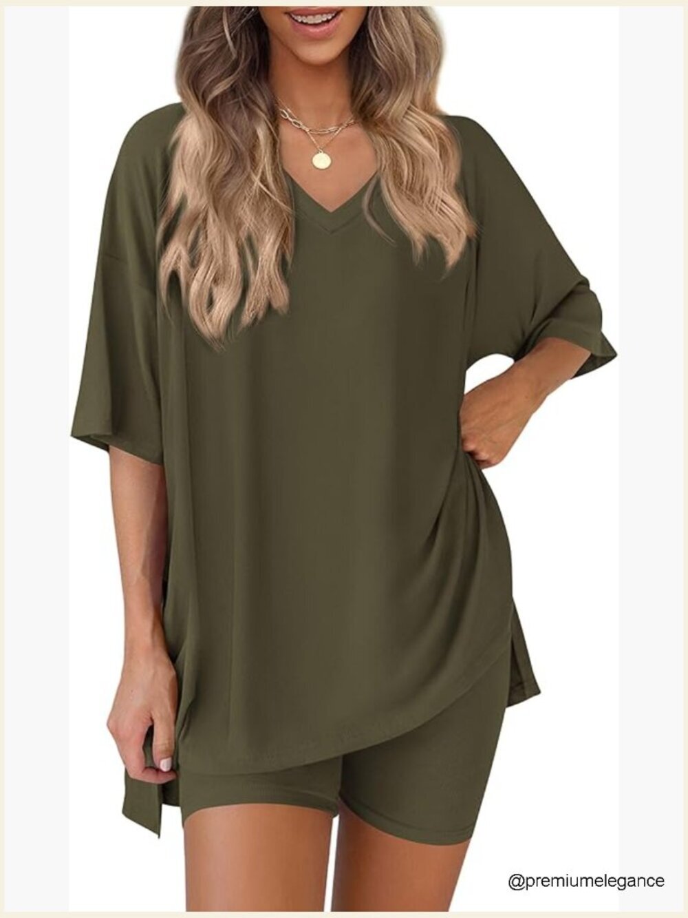 2 Piece Lounge Set V Neck Oversized Shirt Biker Shorts Summer